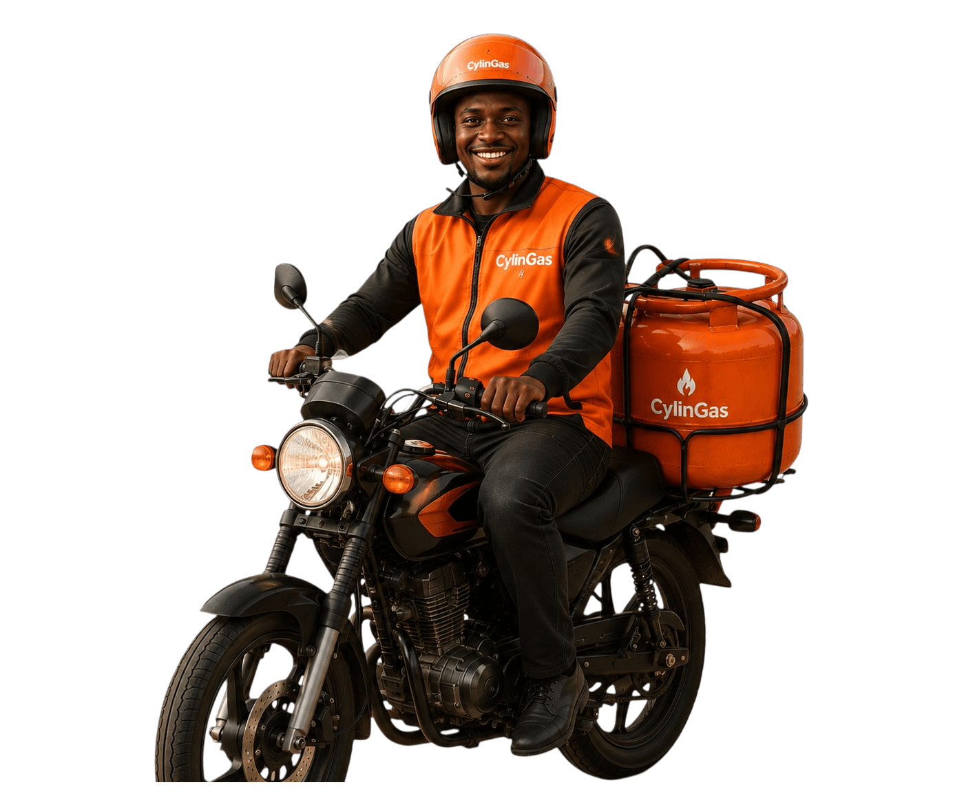 CylinTech delivery rider carrying an LPG gas cylinder